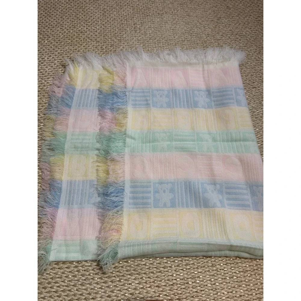 Vintage Pastel ABC Teddy Bear Baby Blanket Fringed Woven Nursery Cottagecore